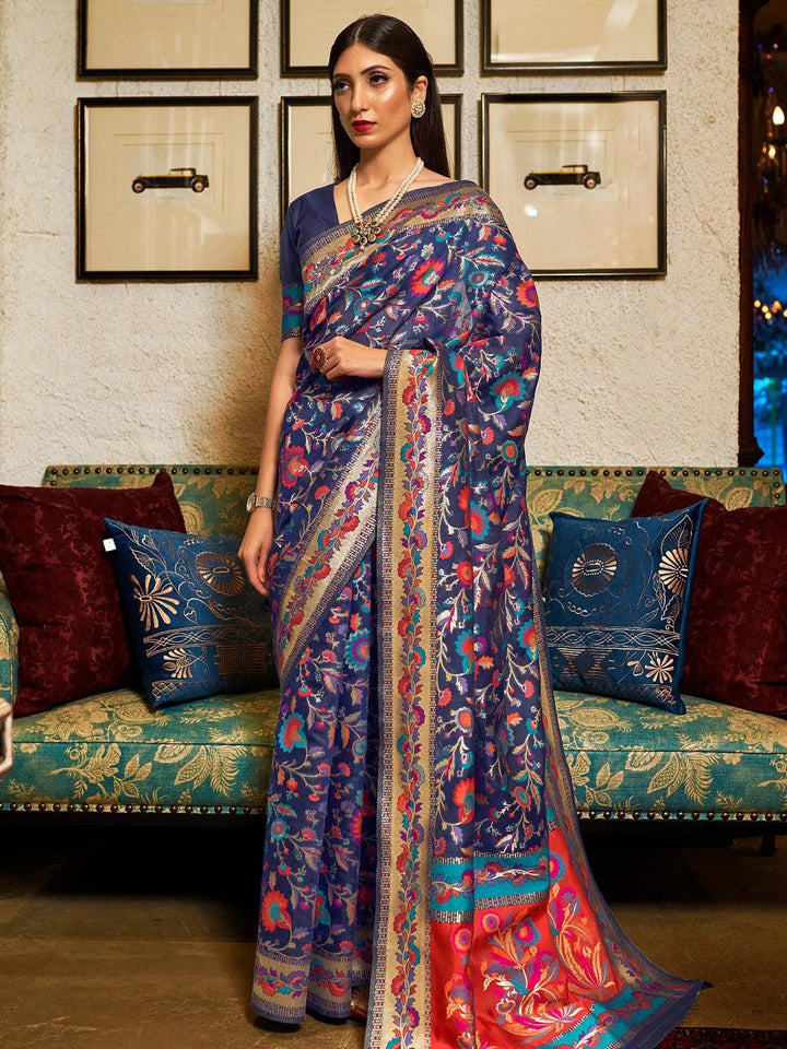 Party Wear Navy Blue Woven Banarasi Silk Saree - VJV Now