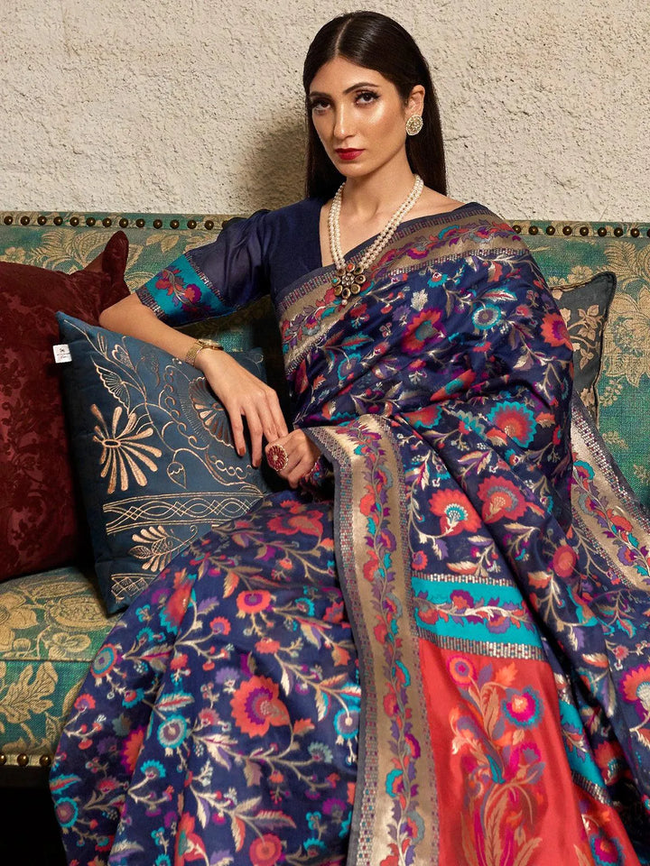 Party Wear Navy Blue Woven Banarasi Silk Saree - VJV Now