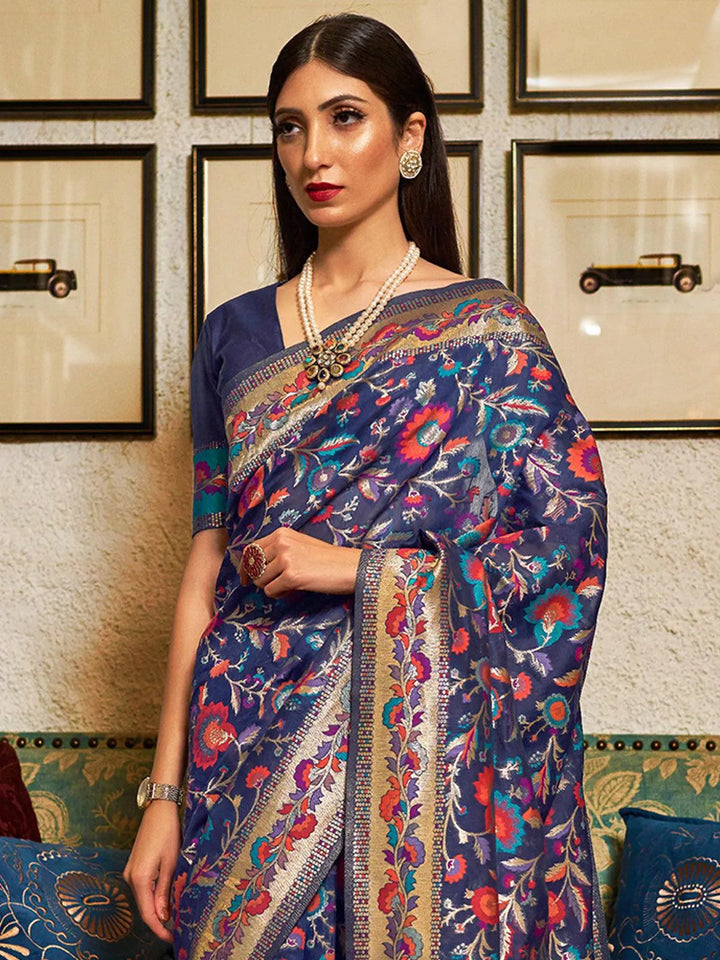 Party Wear Navy Blue Woven Banarasi Silk Saree - VJV Now