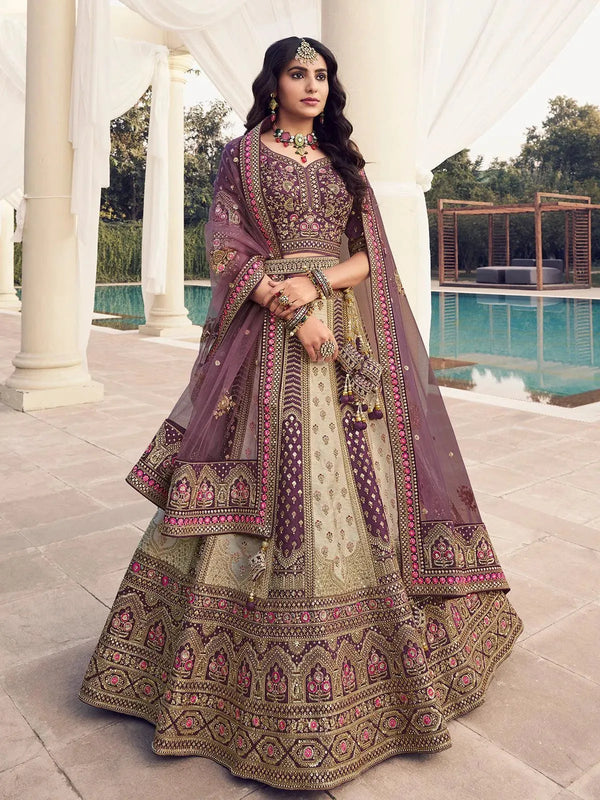 Party Wear Off White And Wine Color Heavy Embroidered Work Umbrella Lehenga Choli - VJV Now