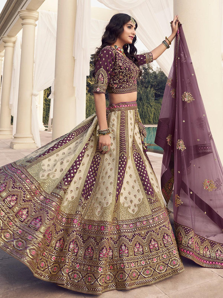 Party Wear Off White And Wine Color Heavy Embroidered Work Umbrella Lehenga Choli - VJV Now