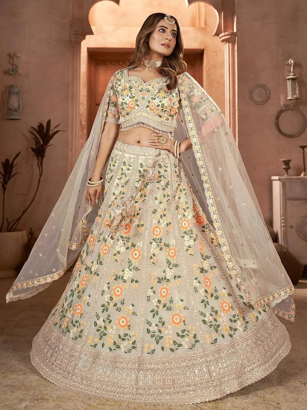 Party Wear Off White Multi Color Net Embroidered With Sequins Work Umbrella Lehenga Choli - VJV Now