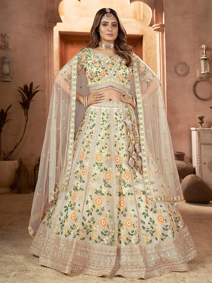 Party Wear Off White Multi Color Net Embroidered With Sequins Work Umbrella Lehenga Choli - VJV Now