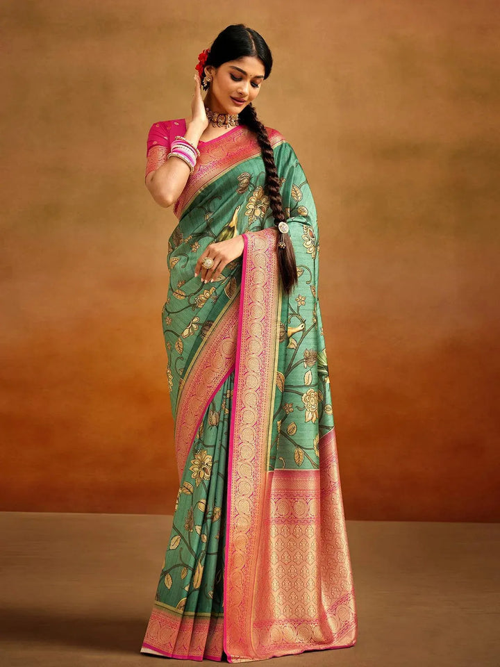 Party Wear Olive Green Kalamkari Printed Banarasi Silk Saree - VJV Now