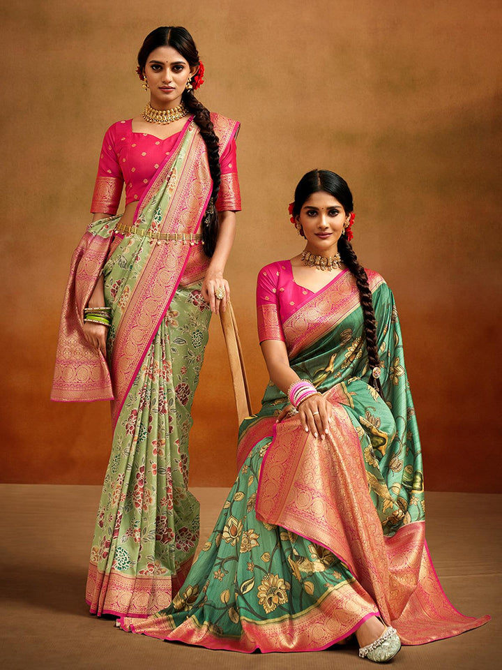 Party Wear Olive Green Kalamkari Printed Banarasi Silk Saree - VJV Now