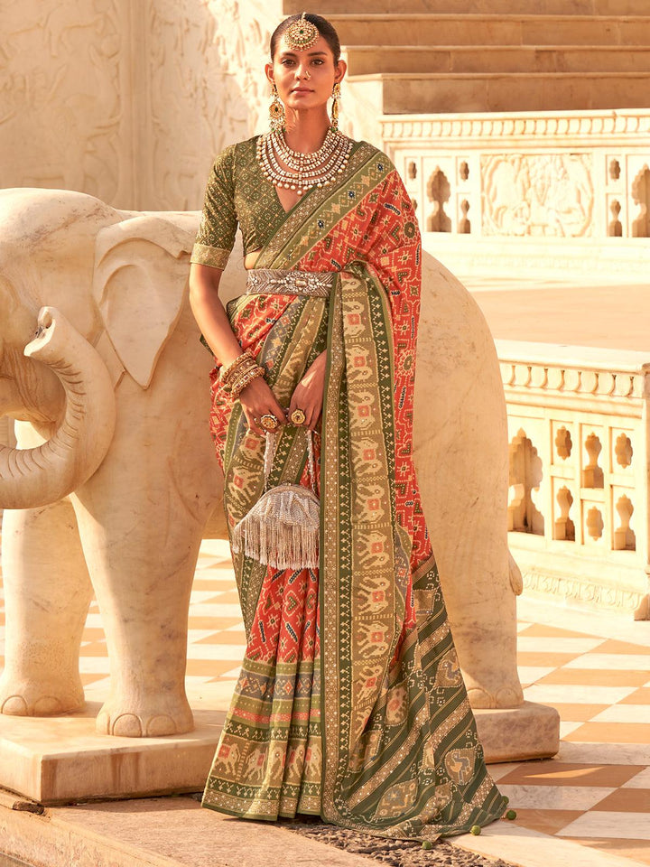 Party Wear Orange N Green And Maroon Woven Patola Silk Saree - VJV Now