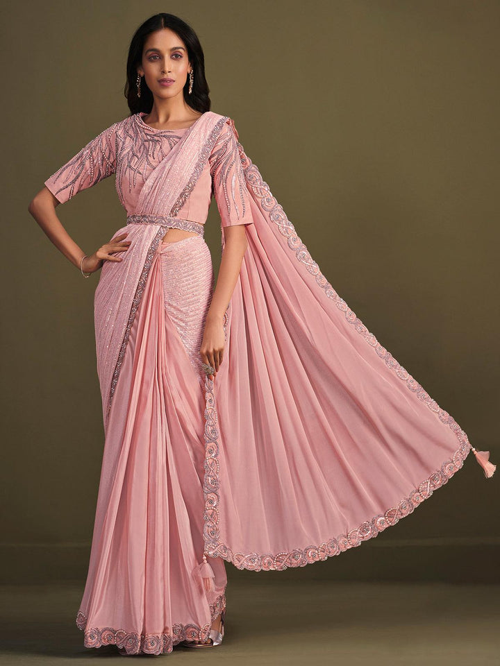 Party Wear Peach Georgette Crepe Silk Sequins Embroidered Work Saree - VJV Now