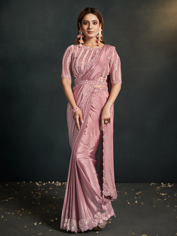 Party Wear Peach Heavy Sequins Embroidered Work Saree - VJV Now