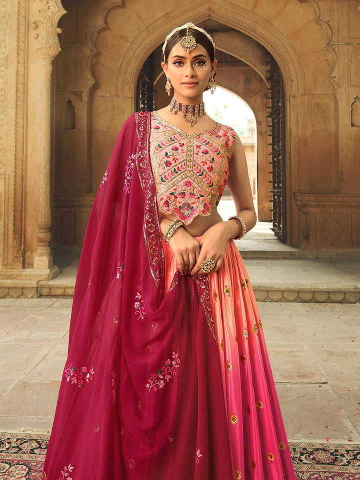 Party Wear Peach To Pink Silk Thread With Sequins Embroidered Lehenga Choli - VJV Now