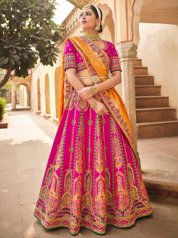 Party Wear Pink And Gold Orange Art Silk Sequins Embroidered Umbrella Lehenga - VJV Now