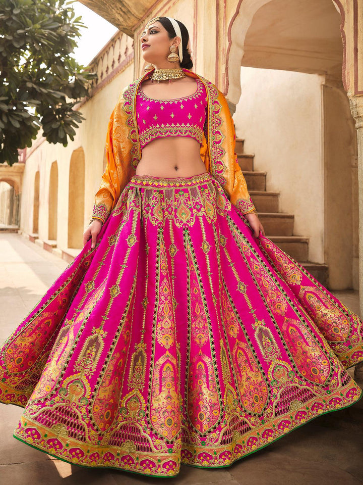 Party Wear Pink And Gold Orange Art Silk Sequins Embroidered Umbrella Lehenga - VJV Now