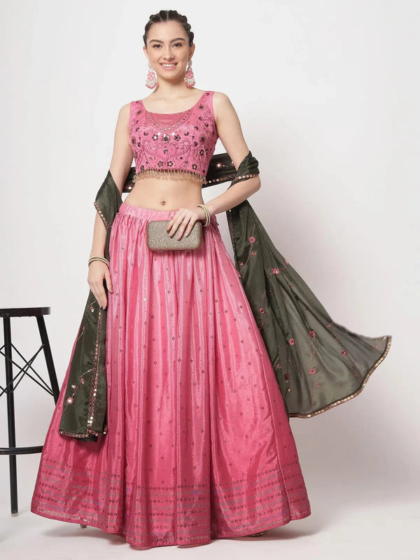 Party Wear Pink Chinon Silk Sequins Embroidery Umbrella Lehenga Choli - VJV Now