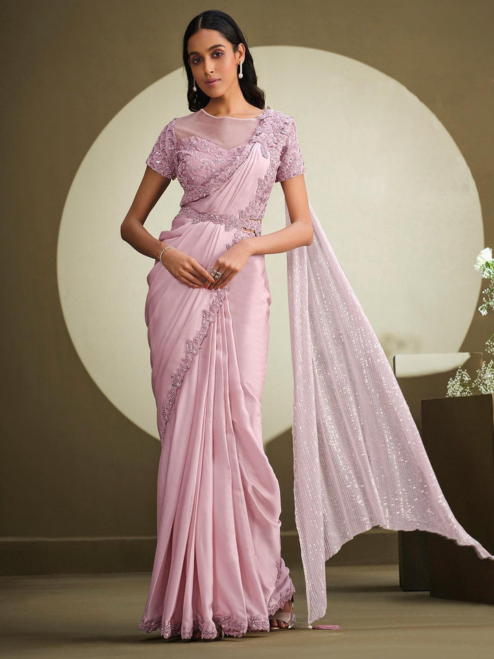Party Wear Pink Crepe Georgette Silk Sequins Embroidered Work Saree - VJV Now