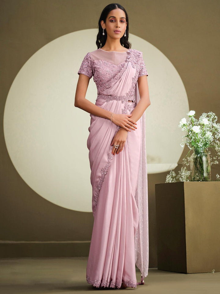 Party Wear Pink Crepe Georgette Silk Sequins Embroidered Work Saree - VJV Now