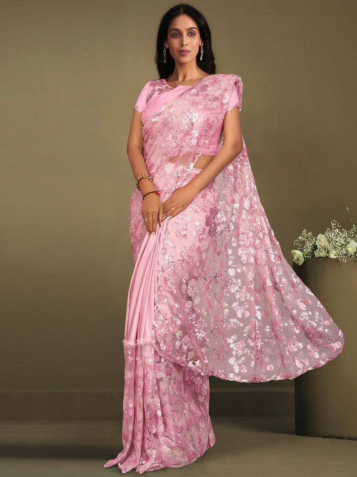 Party Wear Pink Crepe Lycra Sequins Embroidered Work Saree - VJV Now
