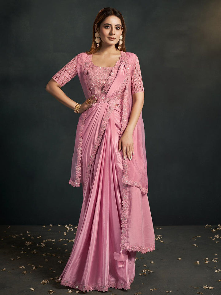 Party Wear Pink Heavy Sequins Embroidered Work Saree - VJV Now