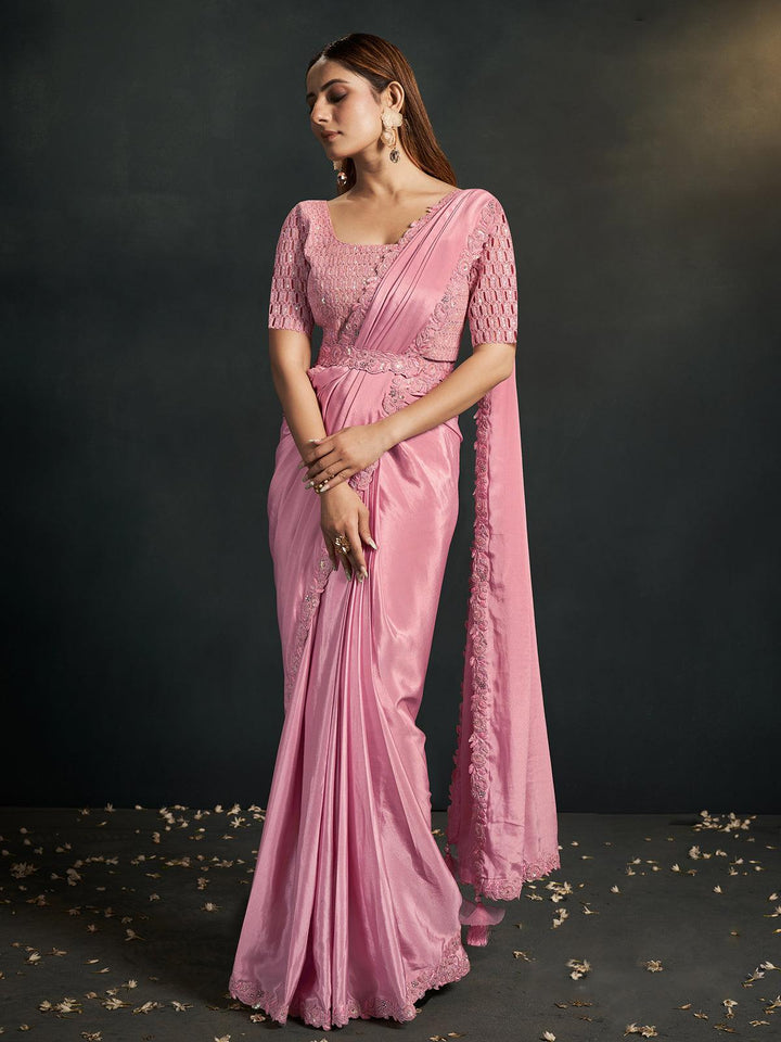 Party Wear Pink Heavy Sequins Embroidered Work Saree - VJV Now