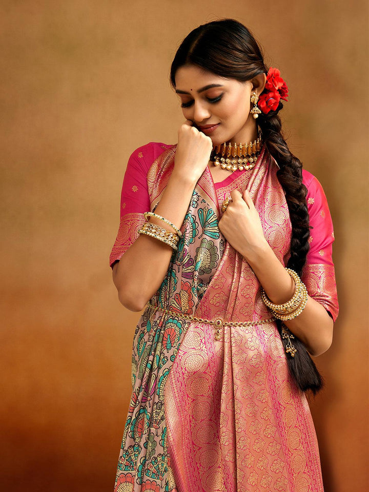 Party Wear Pink Printed Kalamkari Printed Banarasi Silk Saree - VJV Now