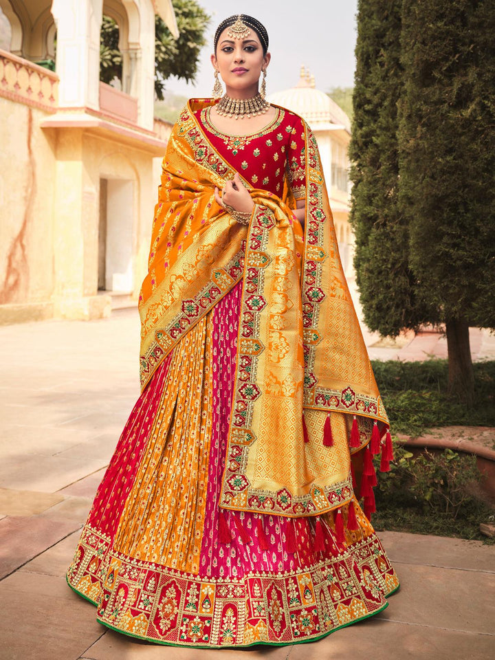 Party Wear Pink, Red And Gold Orange Art Silk Sequins Embroidered Umbrella Lehenga - VJV Now