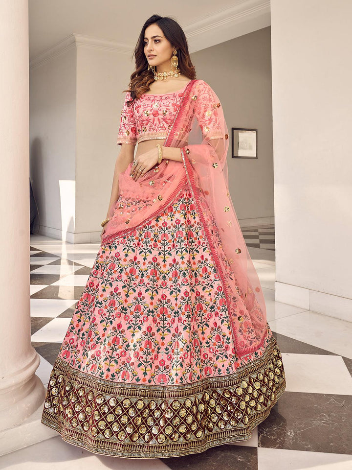 Party Wear Pink Silk Thread With Bridal Embroidered Lehenga Choli - VJV Now