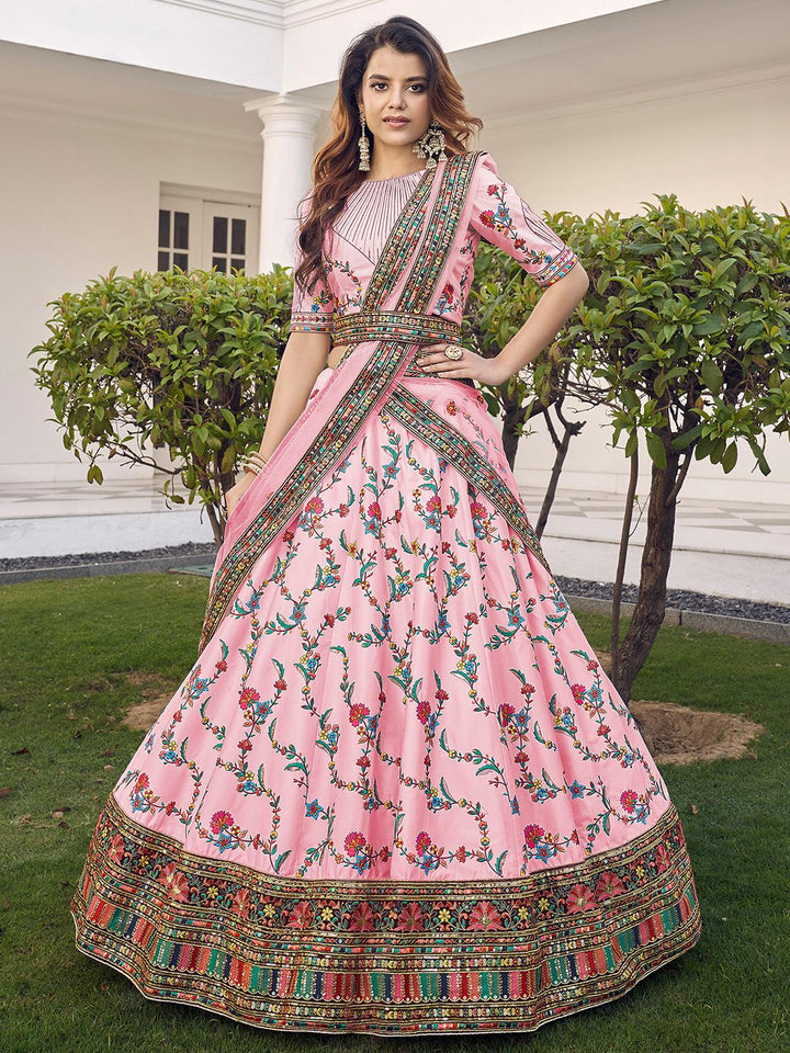 Party Wear Pink Silk Thread With Bridal Embroidered Lehenga Choli - VJV Now