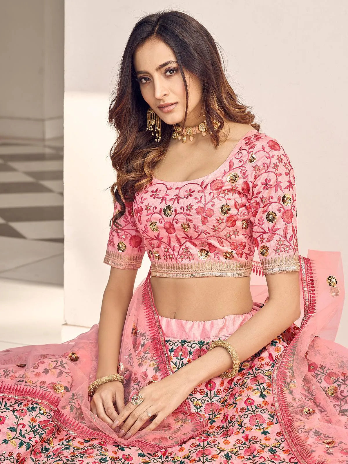 Pink Embroidered Silk Lehenga Choli With Heavy Blouse Latest 2291LG01