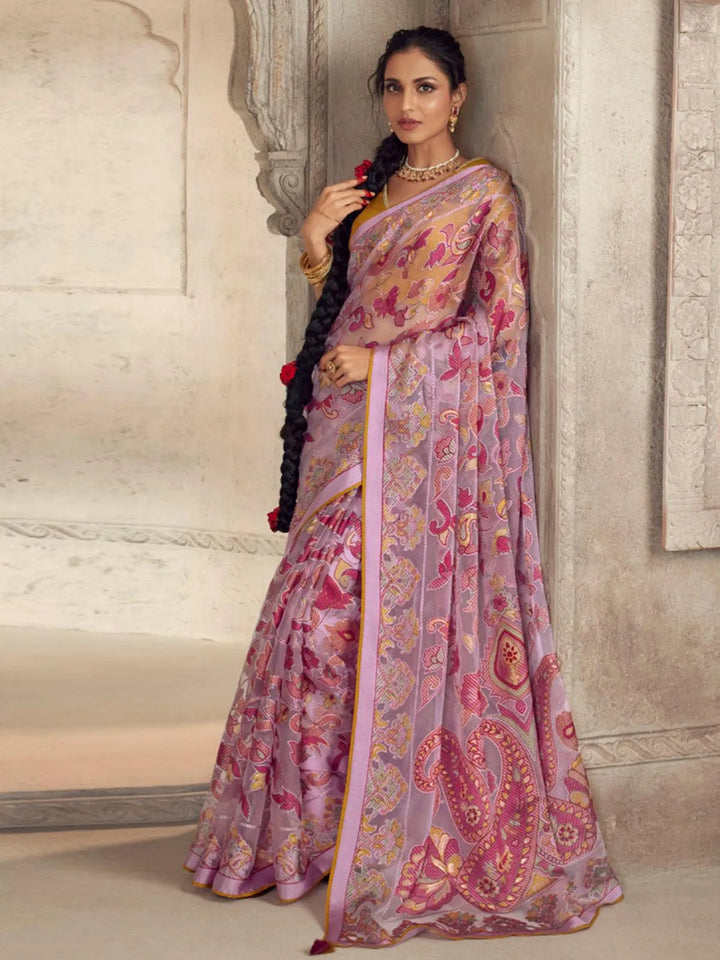 Party Wear Pink Soft Brasso Organza Saree - VJV Now