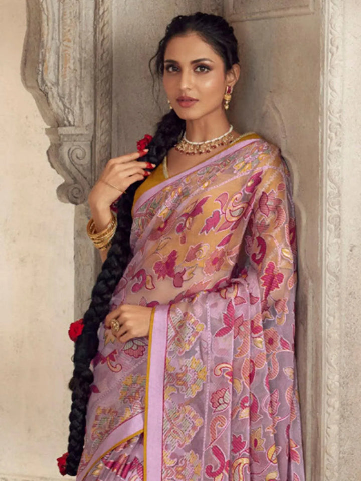 Party Wear Pink Soft Brasso Organza Saree - VJV Now