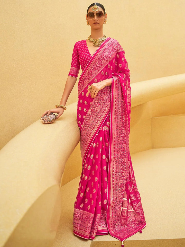 Party Wear Pink Zari Woven Brasso Organza Saree - VJV Now