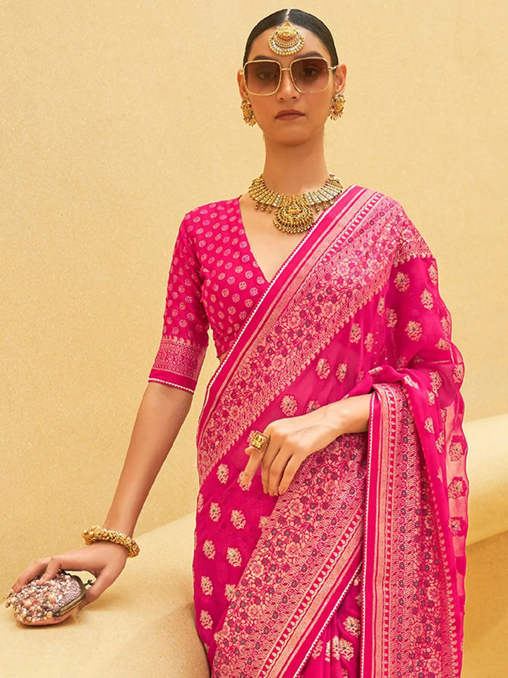 Party Wear Pink Zari Woven Brasso Organza Saree - VJV Now