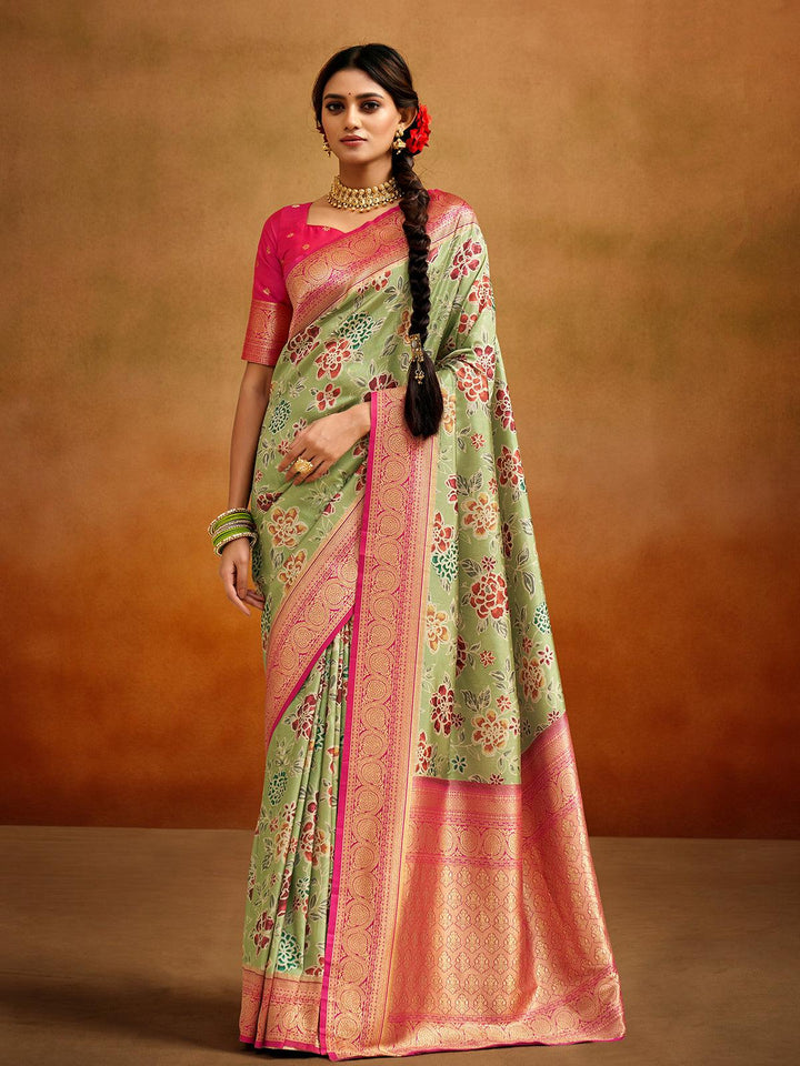Party Wear Pista Green Kalamkari Printed Banarasi Silk Saree - VJV Now