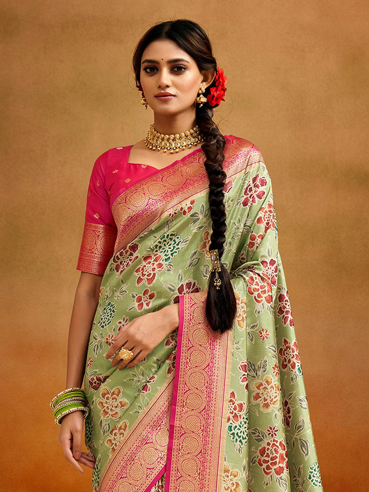 Party Wear Pista Green Kalamkari Printed Banarasi Silk Saree - VJV Now