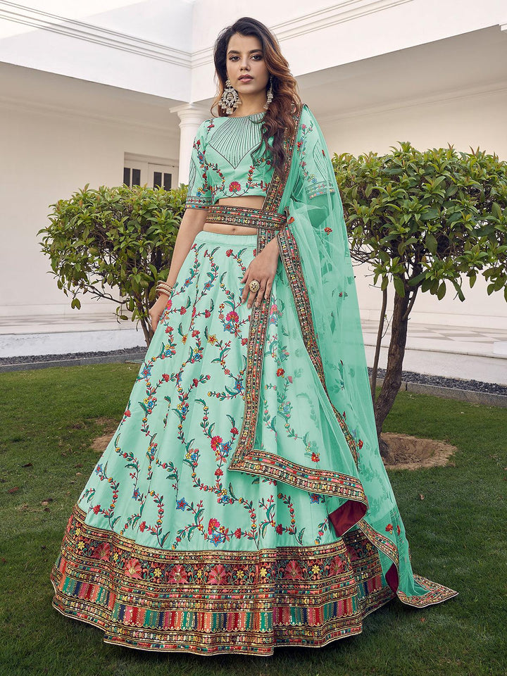 Party Wear Pista Green Silk Thread With Bridal Embroidered Lehenga Choli - VJV Now