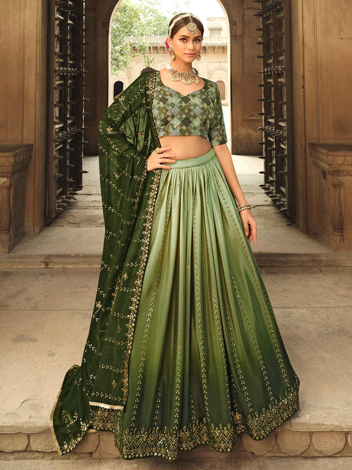 Party Wear Pista Green To Olive Multi Color Sequince Embroidered Lehenga Choli - VJV Now