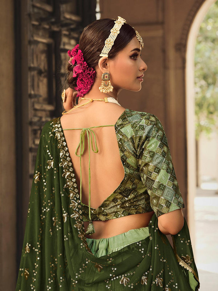 Party Wear Pista Green To Olive Multi Color Sequince Embroidered Lehenga Choli - VJV Now
