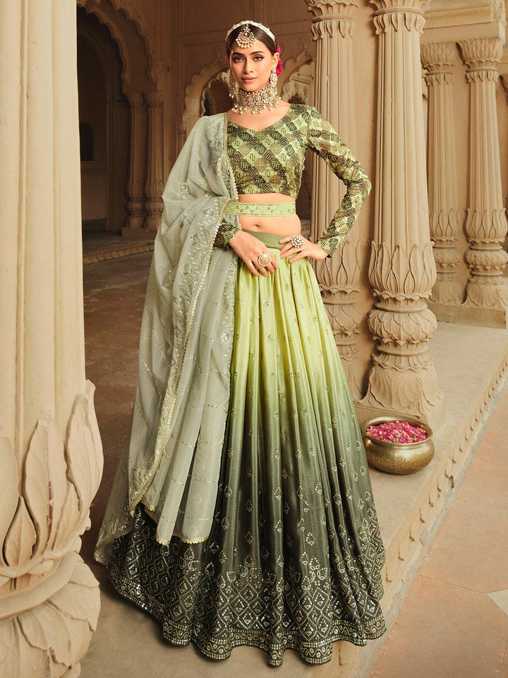 Party Wear Pista To Mehandi Multi Color Sequince Embroidered Lehenga Choli - VJV Now