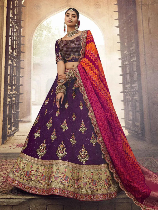 Party Wear Purple Art Silk Sequins Embroidered Umbrella Lehenga - VJV Now