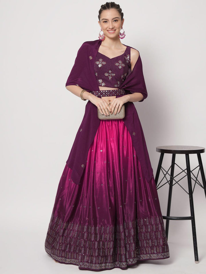 Party Wear Purple Chinon Silk Sequins Embroidery Umbrella Lehenga Choli - VJV Now