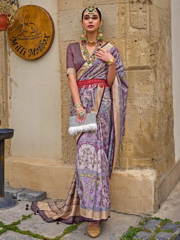 Party Wear Purple Color Zari Work Silk Classic Saree - VJV Now