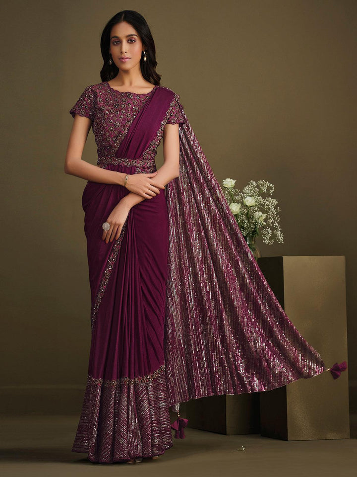 Party Wear Purple Crystal Silk Sequins Embroidered Work Saree - VJV Now