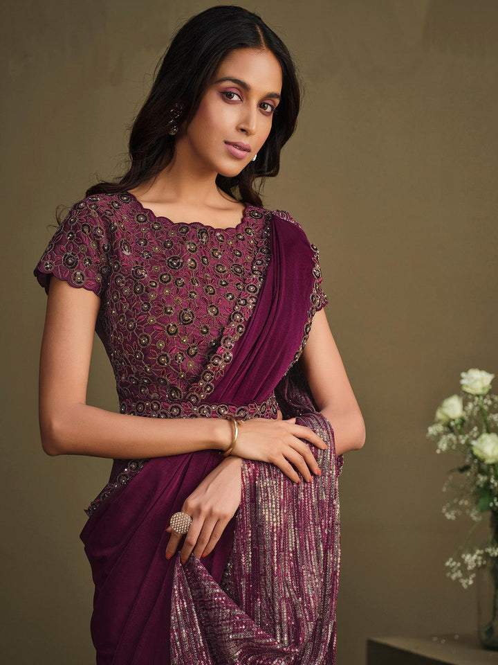 Party Wear Purple Crystal Silk Sequins Embroidered Work Saree - VJV Now
