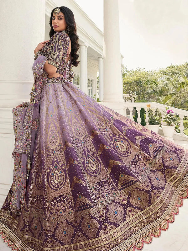 Party Wear Purple Soft Art Silk Sequins Embroidered Umbrella Lehenga - VJV Now