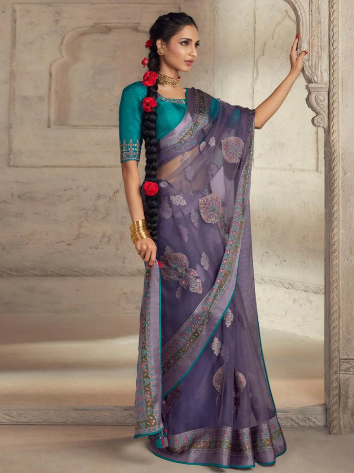 Party Wear Purple Soft Brasso Organza Saree - VJV Now