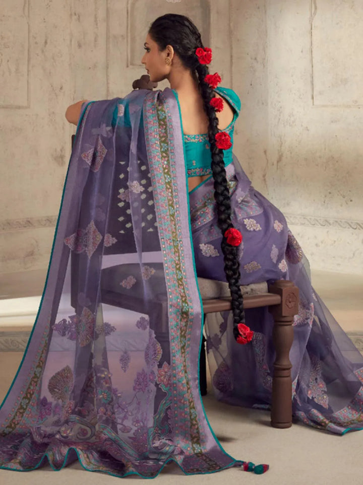 Party Wear Purple Soft Brasso Organza Saree - VJV Now