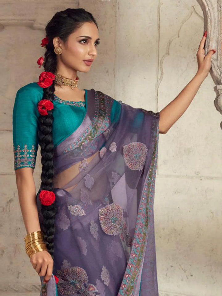 Party Wear Purple Soft Brasso Organza Saree - VJV Now