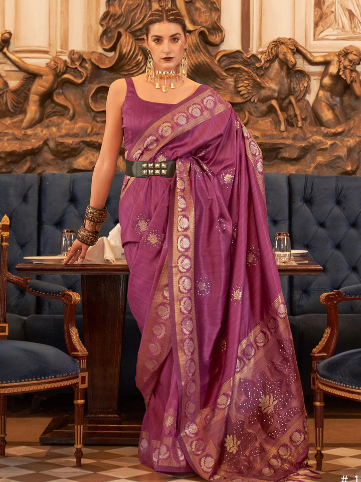 Party Wear Purple Woven Tussar Silk Saree - VJV Now