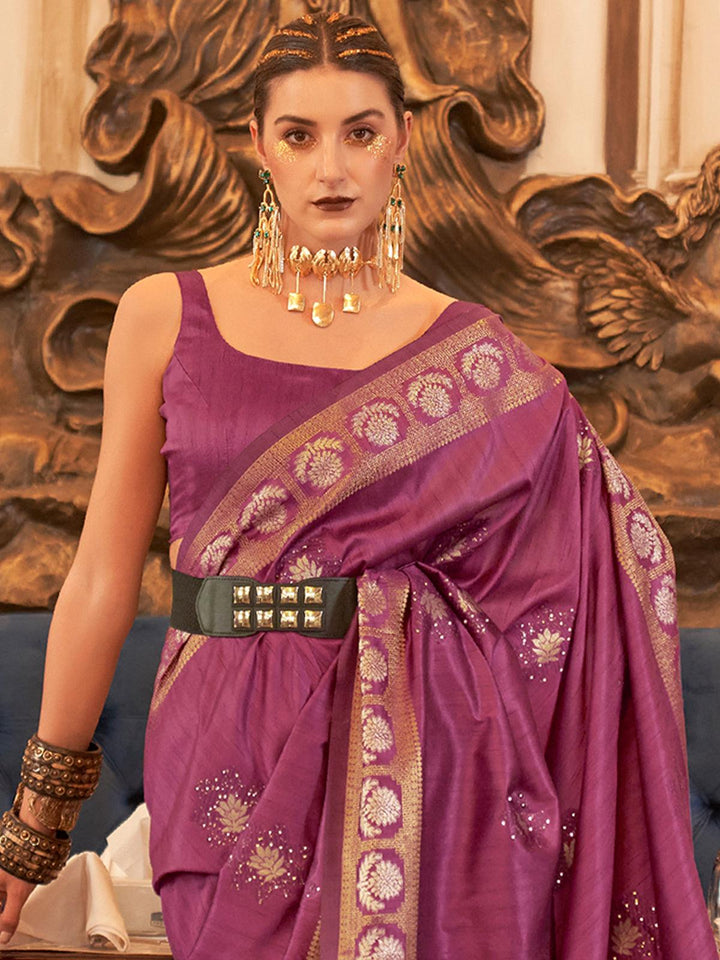 Party Wear Purple Woven Tussar Silk Saree - VJV Now