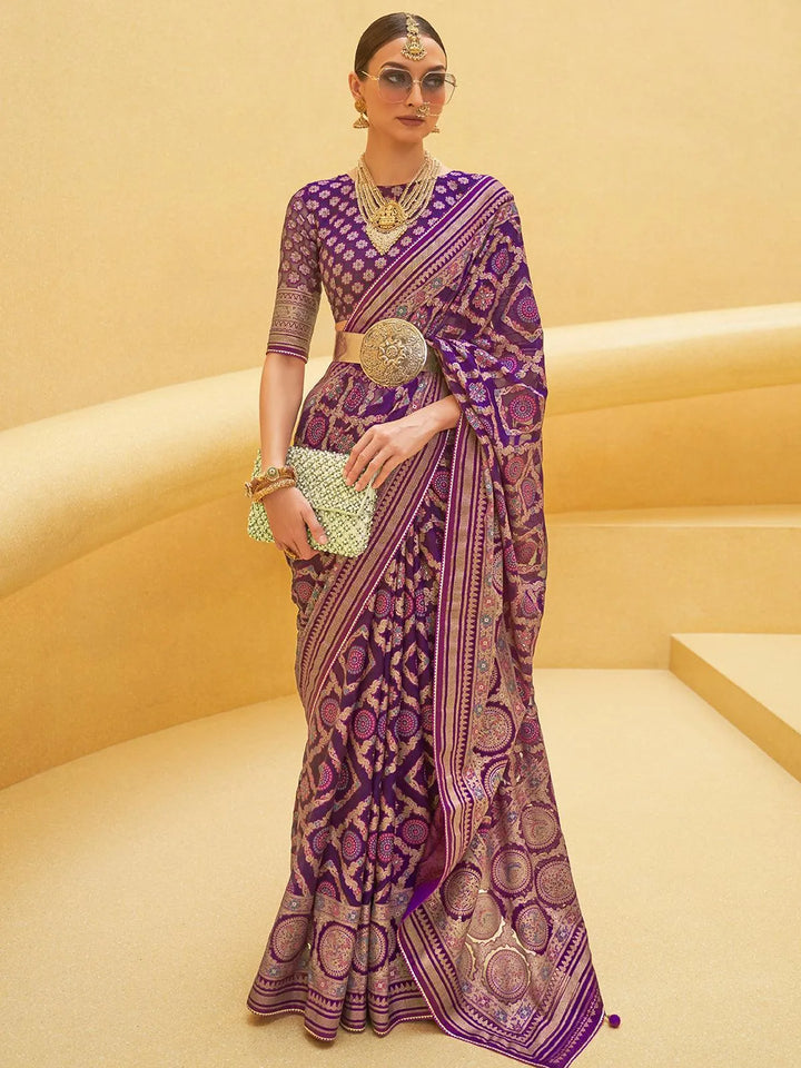 Party Wear Purple Zari Woven Brasso Organza Saree - VJV Now