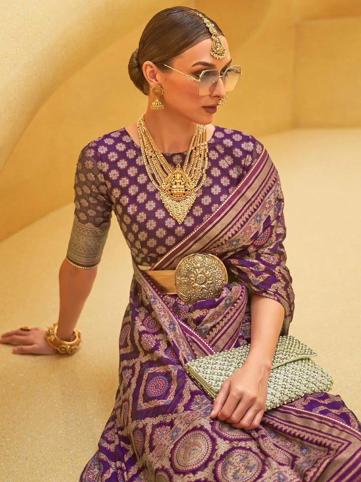 Party Wear Purple Zari Woven Brasso Organza Saree - VJV Now