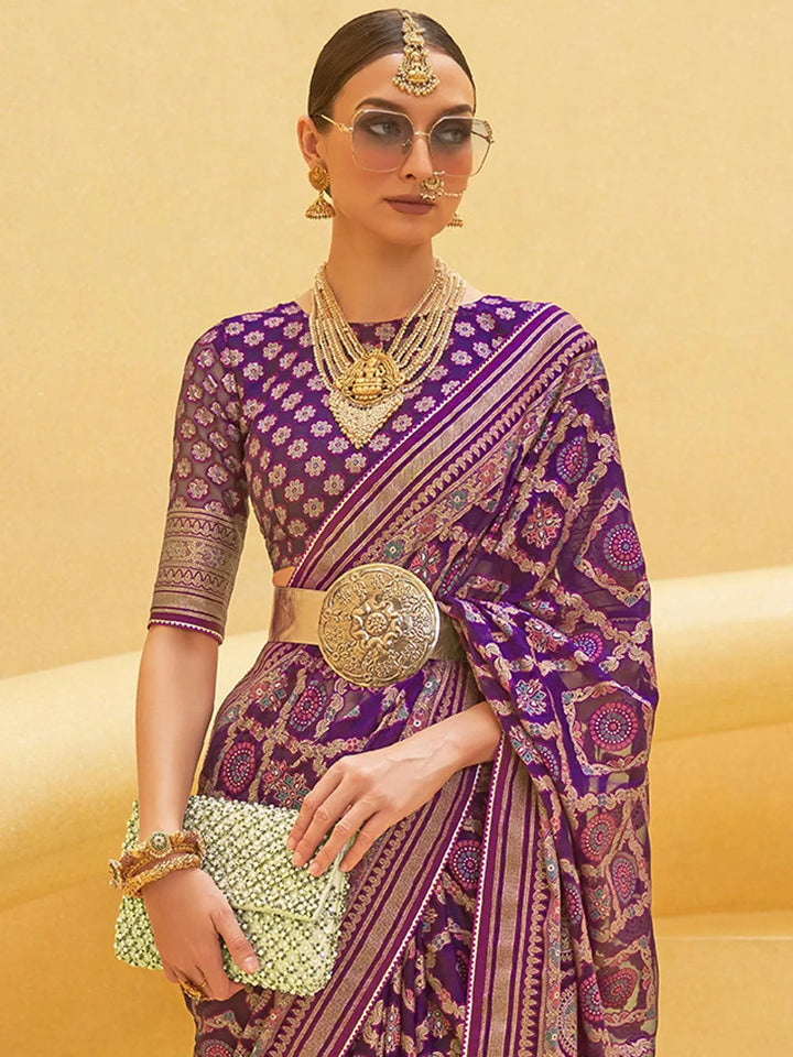 Party Wear Purple Zari Woven Brasso Organza Saree - VJV Now